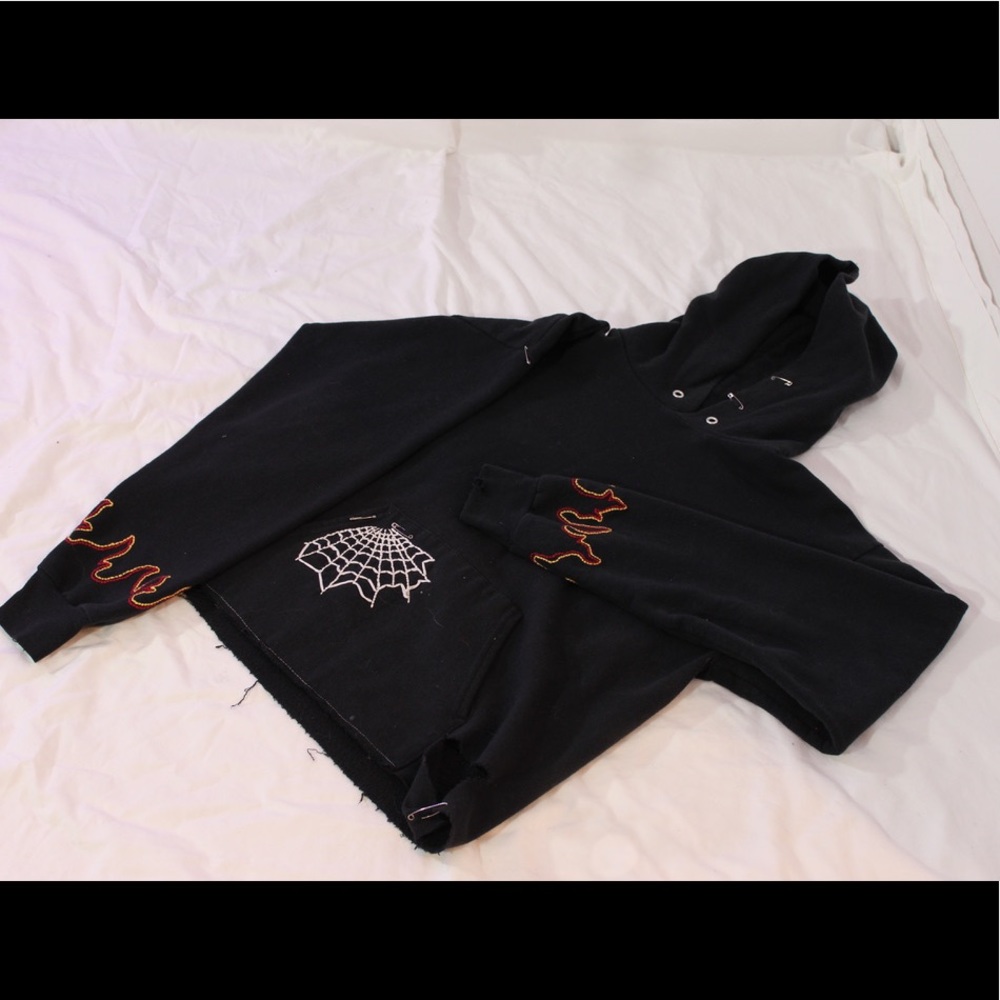 Flames and Spiderweb Hand Embroidered Hoodie